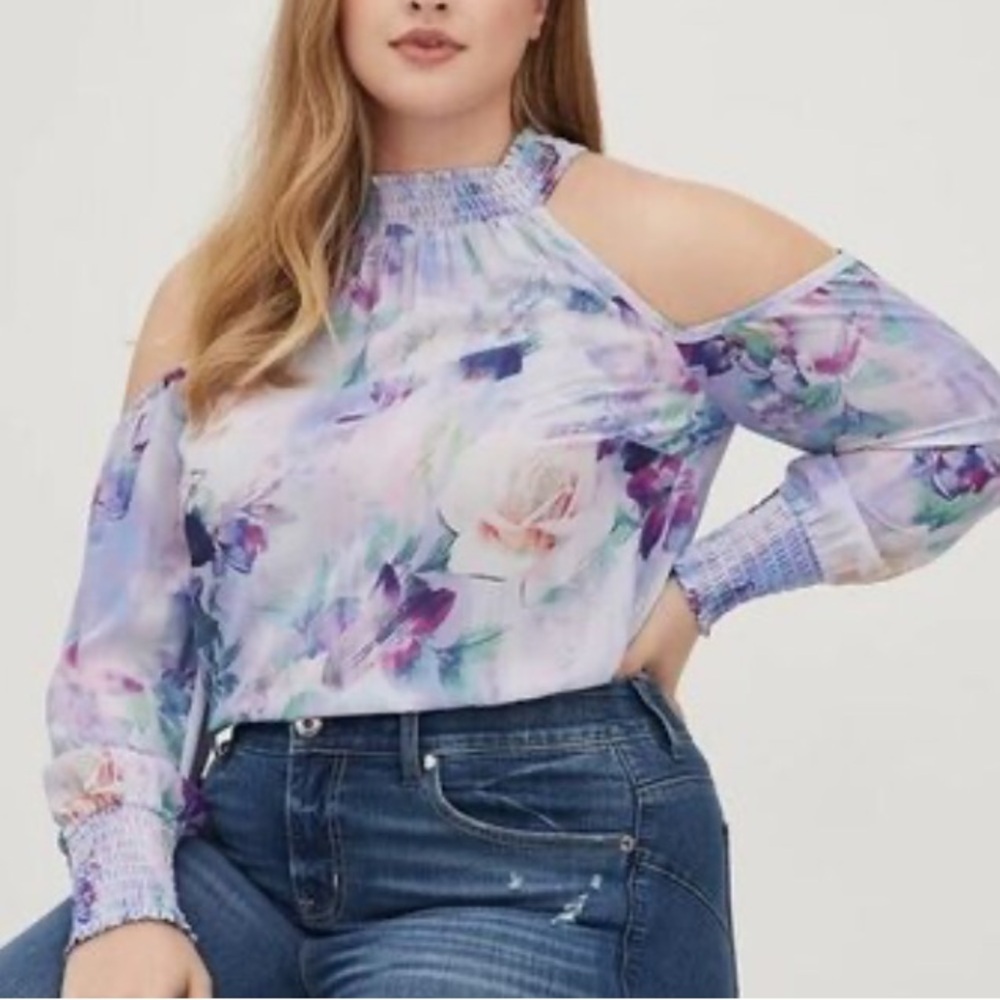 Floral Cold-Shoulder Blouse in Lavender
